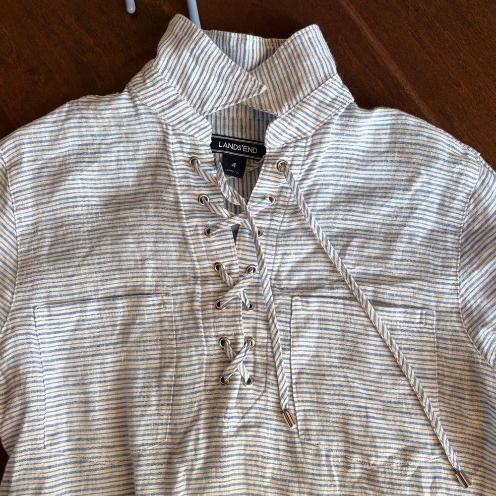Lands' End Linen Blue Striped Lace-Up Shirt 4 (worn once)